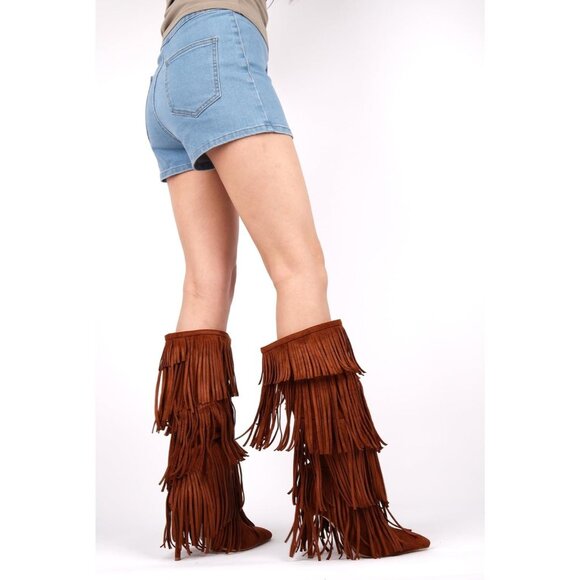 Women's Fringed Knee High Boots Pointy Toe Stilettos Faux Suede High Heels Boot - Picture 5 of 7